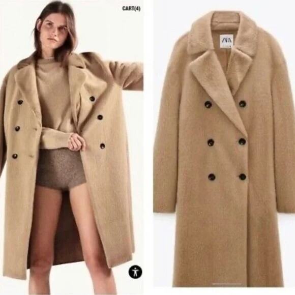ZARA Light Brown Beige Faux Fur Long Coat Trench Blogger FavoriteLarge